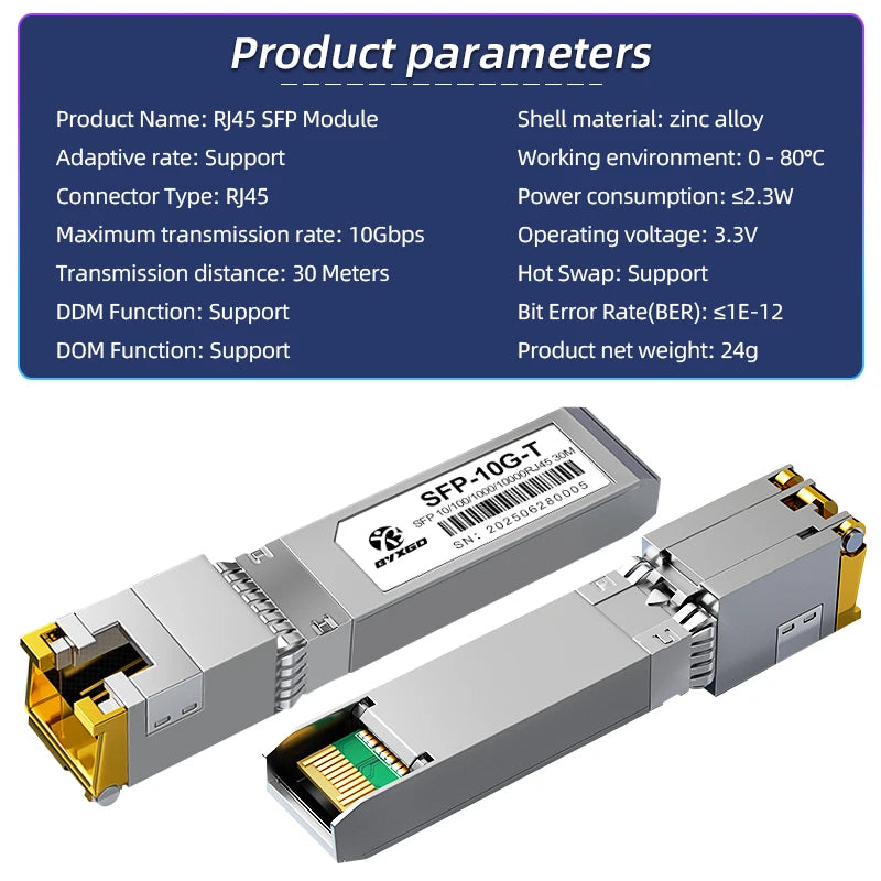 1G/10GBASE-T SFP+ RJ45 Module Multi Rate SFP Copper RJ45 Transceiver For Mikrotik/Cisco Switch 10G CAT6A SFP+ Ethernet Module
