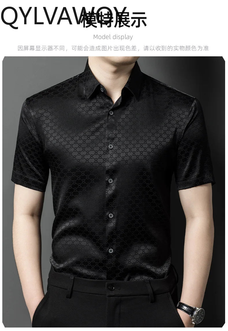 QYLVAWOY New Men's Shirts Summer Tops 92% Real Mulberry Silk Shirts Lapel Short Sleeve Stylish Clothes for Man Business Casual