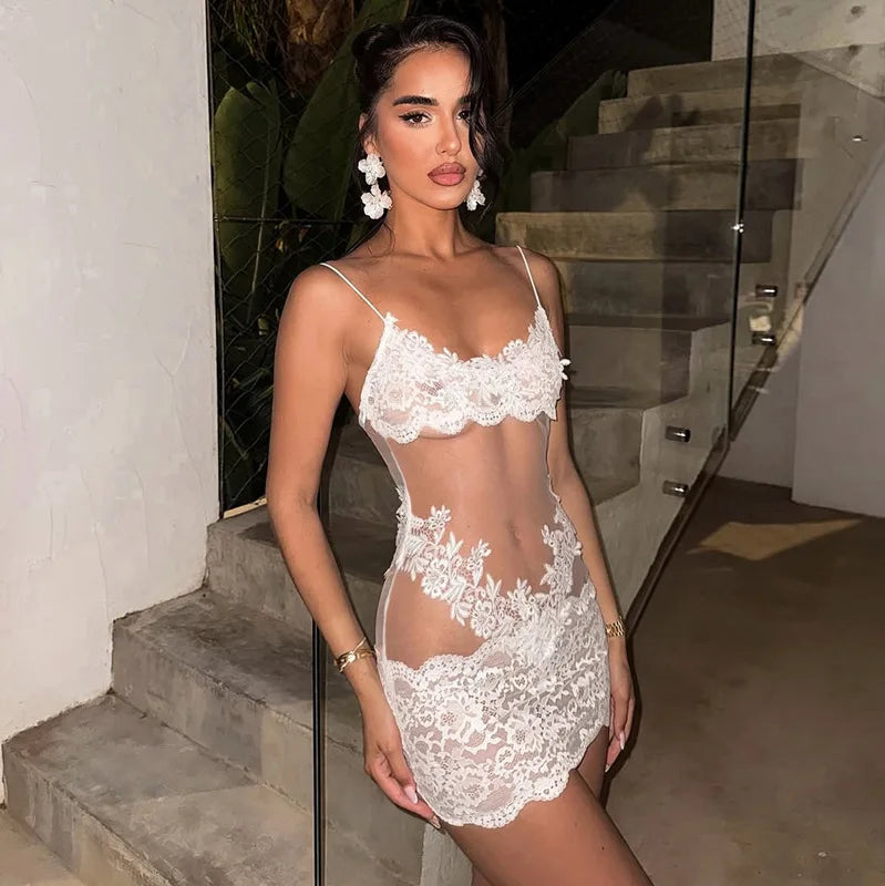 Woman Clothing Spaghetti Strap Mesh Lace Patchwork Party Club Dress Female Sexy See-through Sleeveless Short Evening Dresses