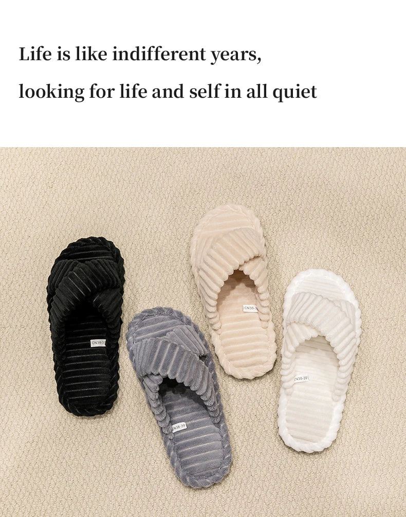 Fashion Corduroy Cross Band Open Toe Home Slippers Women Autumn Winter Warm Plush Slides Ladies Bedroom Soft Sole Slippers