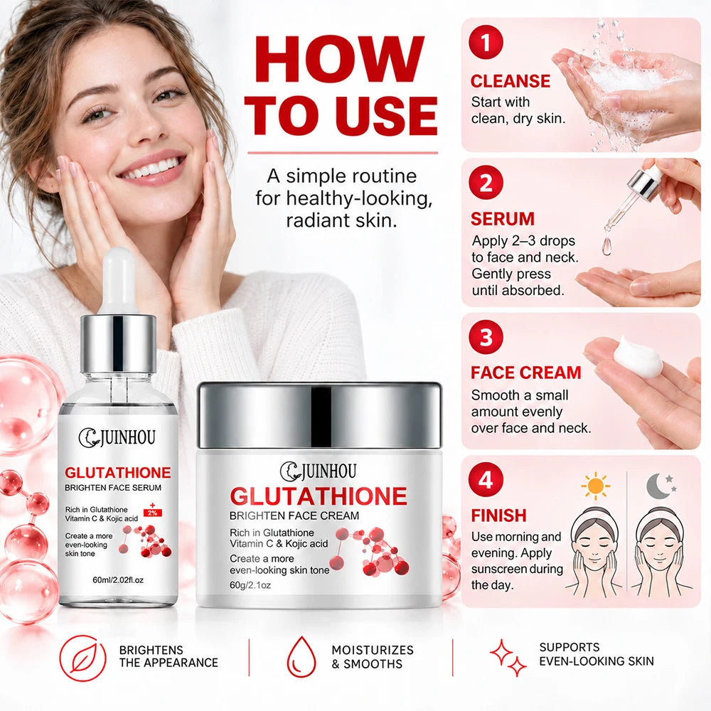 JUINHOU Glutathione Brightening Serum Cream Set Antioxidant Facial Skincare Hydrate Even Skin Tone Restore Radiant Complexion