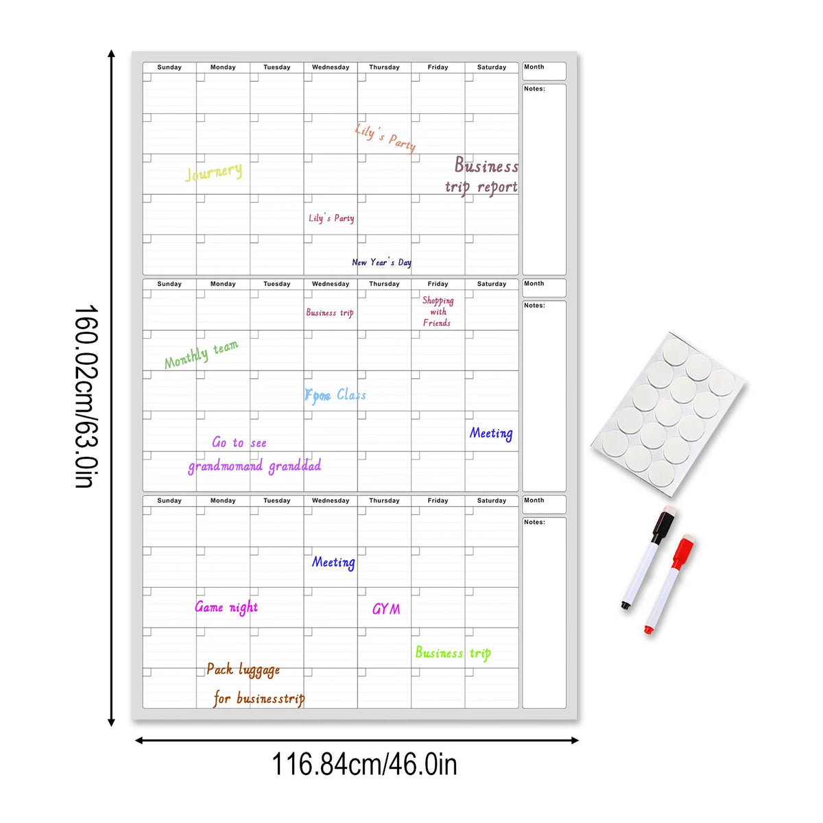 Reusable Whiteboard Calendar 2 Markers Dual Sided Foldable Design 3 Month Planner for Office Home School Erasable Surface Weekly