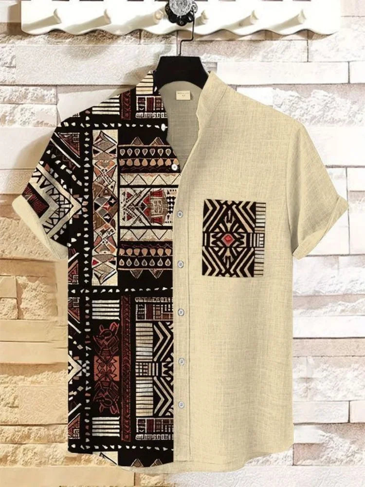 Autumn Ethnic Style Graphic 3D Print Holiday Button Men Clothing Luxury Men's Shirt Casual Short Sleeve Retro Shirt Man Top