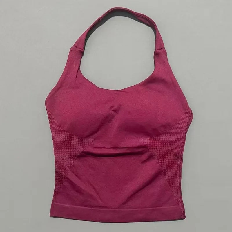 Halter Yoga Tank Top Women Sexy Seamless Strappy Backless Slim Fit Padded Breathable Gym Fitness Running Workout Sports Tops
