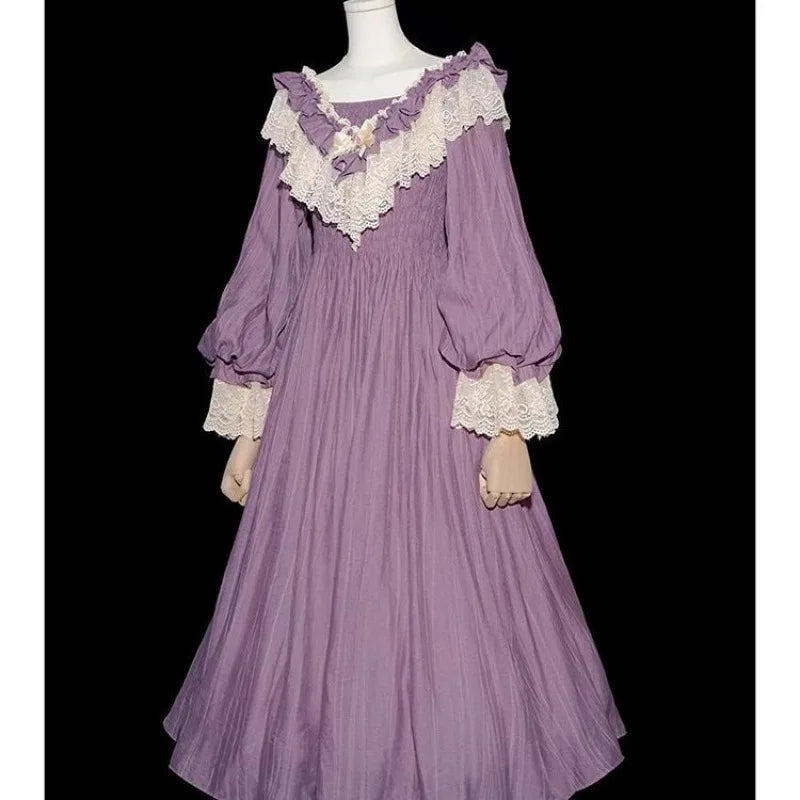 Nicemix Purple Classic Vintage Lantern Sleeve Lolita Dress Spring Lace Spliced Sweet Slimming A-line Dress