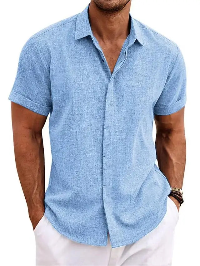 Men's Casual Beach Lightweight Linen Sve Shirt Color Standard Fit Short Sleeve Cleanfit PU Leather Inner Wear Pure Color