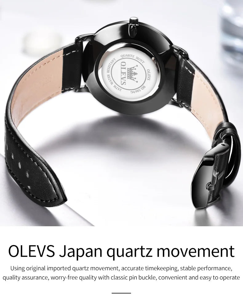 Top Brand OLEVS Ultra Thin 6.5mm Minimalist Fashion Quartz Watch for Men Leather Strap Auto Date Male Waterproof Mens Wristwatch