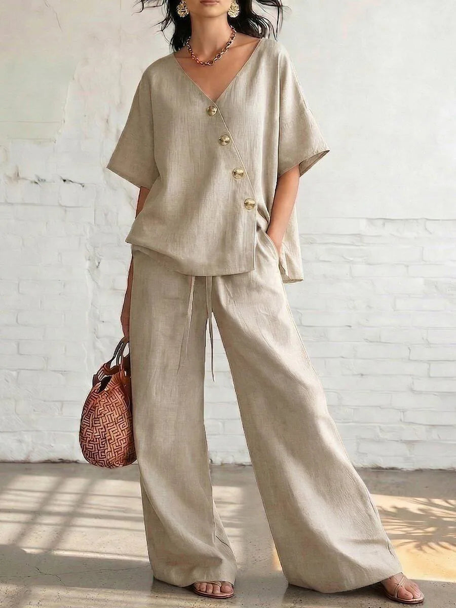Casual Cotton Loose Pants Sets Women Summer 2026 Fashion Short Sleeve V-neck Tops And Wide Leg Pant 2 Piece Set Woman Outfits