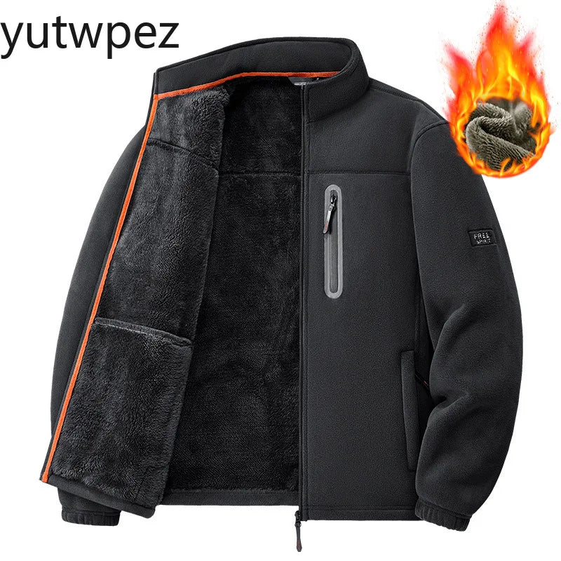 Outdoor High Collar Windproof Ski Sweatshirt Coat Man Snow Winter Warm Fleece Jacket Men Climbing Double Thickened Pocket Jacket