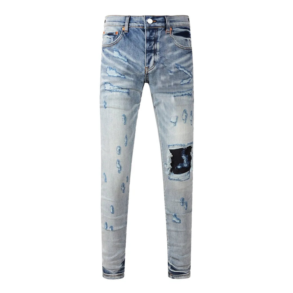 High Street American Distressed Men's Jeans Fashion Brand Coated Blank Stretch Skinny Button Fly Ripped Pants Trousers
