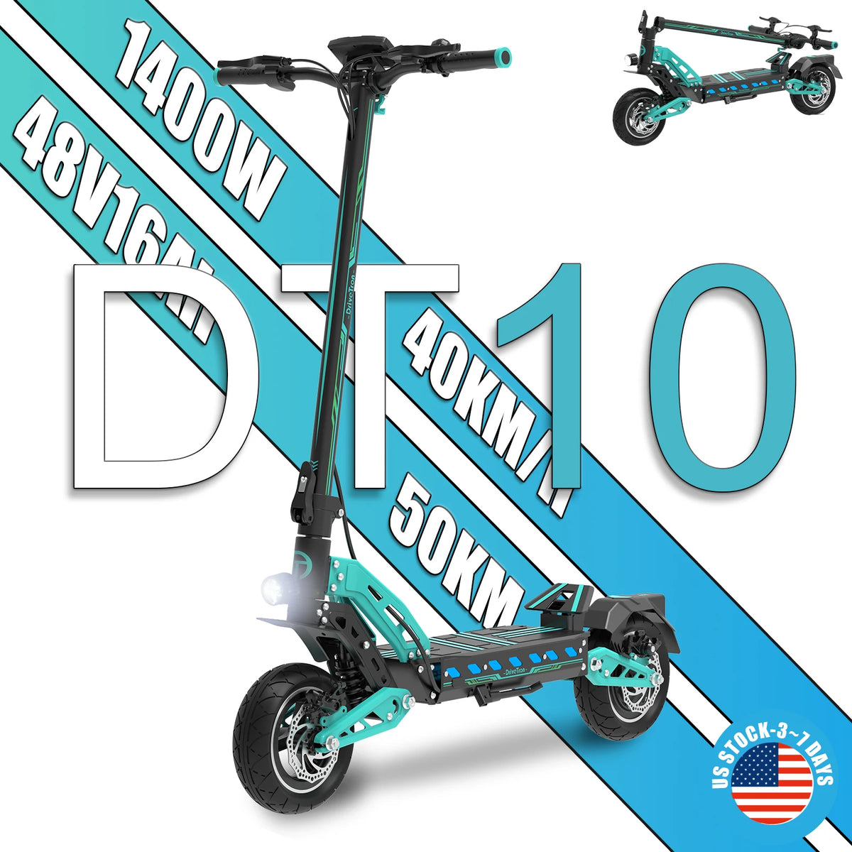 DT10 Adult Electric Scooter 1400W Peak Motor 50km/h Max Speed 48V16Ah 18650 Battery 50km Long Range Dual Disc Brakes Shock Suspension Absorbers System 330LB Maximum Load 10inch All-Terrain Tires NFC Unlocking Smart Display Fo