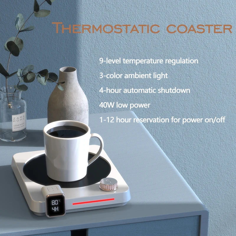 2025 New Thermostatic Cup Mat Coffee Heating Cup Mat Speed Heating Timer 9-speed Knob Control Dormitory Home Gift Cup Mat