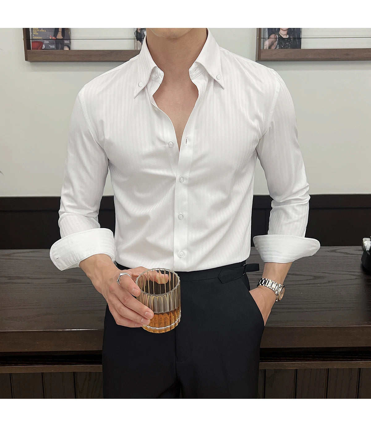 High-quality autumn men's new long-sleeve dark striped slim-fit shirt business casual formal workwear M-4XL