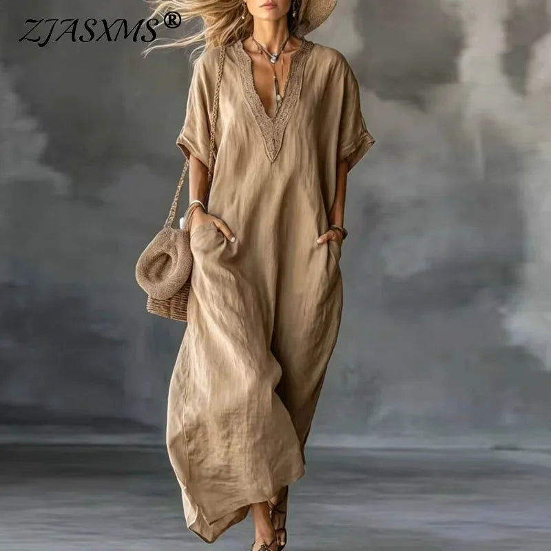 Boho Sexy V Neck Lace Trim Kaftan Dress Woman Spring Vintage Solid Pocket Tunic Party Dress Summer Short Sleeve Loose Maxi Dress