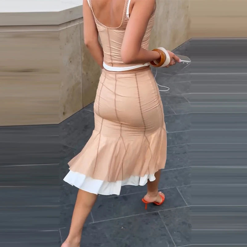 Scallop Trim V‑Neck Cropped Camisole Women's Two‑Piece Set Ruched Seam Midi Flared Skirt Contrast Ruffle Hem Skirt 2026 Vacation