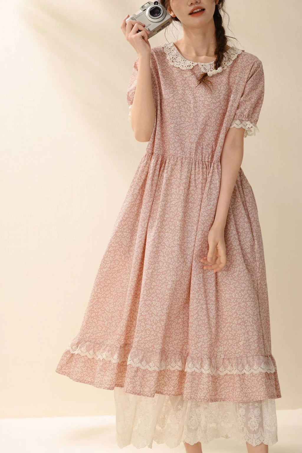 Vintage Ruffled Cotton Linen Flower Dress Women's New Summer Peter Pan Collar Short Sleeve Loose Boho Dress Casual Midi Vestidos
