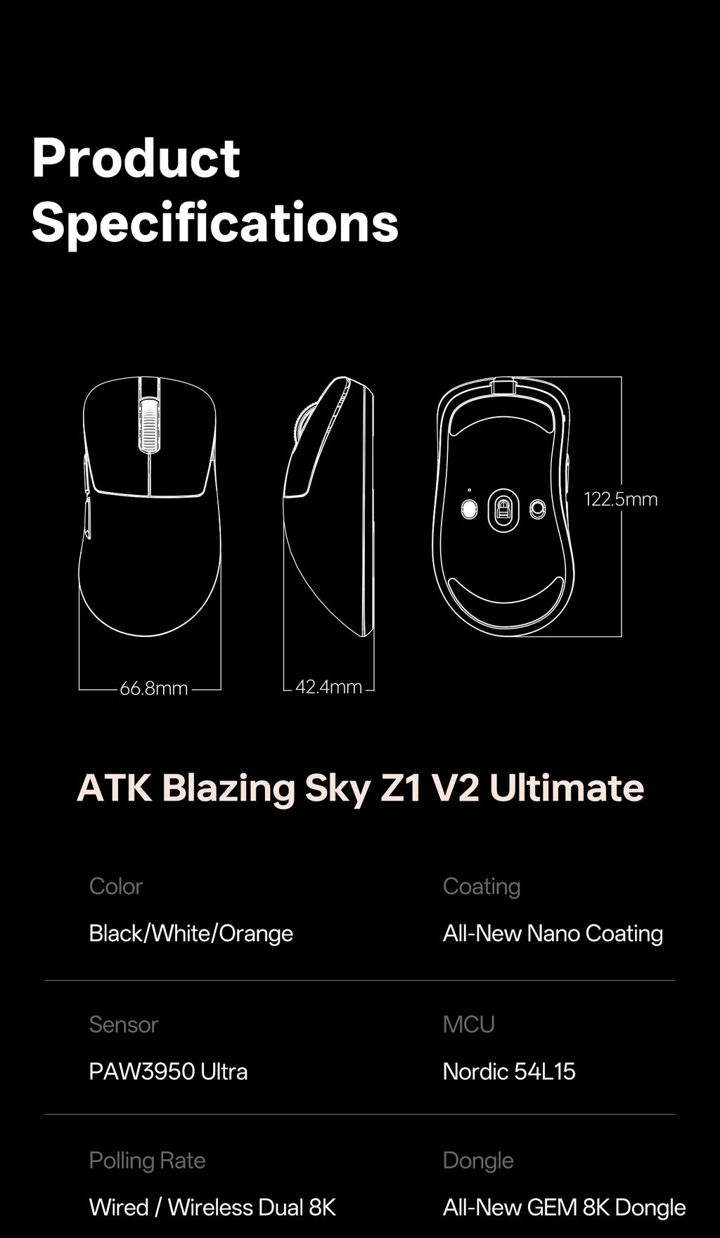 ATK Blazing Sky Z1 V2 Ultimate E-sports Lightweight Mouse Wireless Dual Mode PAW3950 Ultra 8K Right-handed engineering Mouse