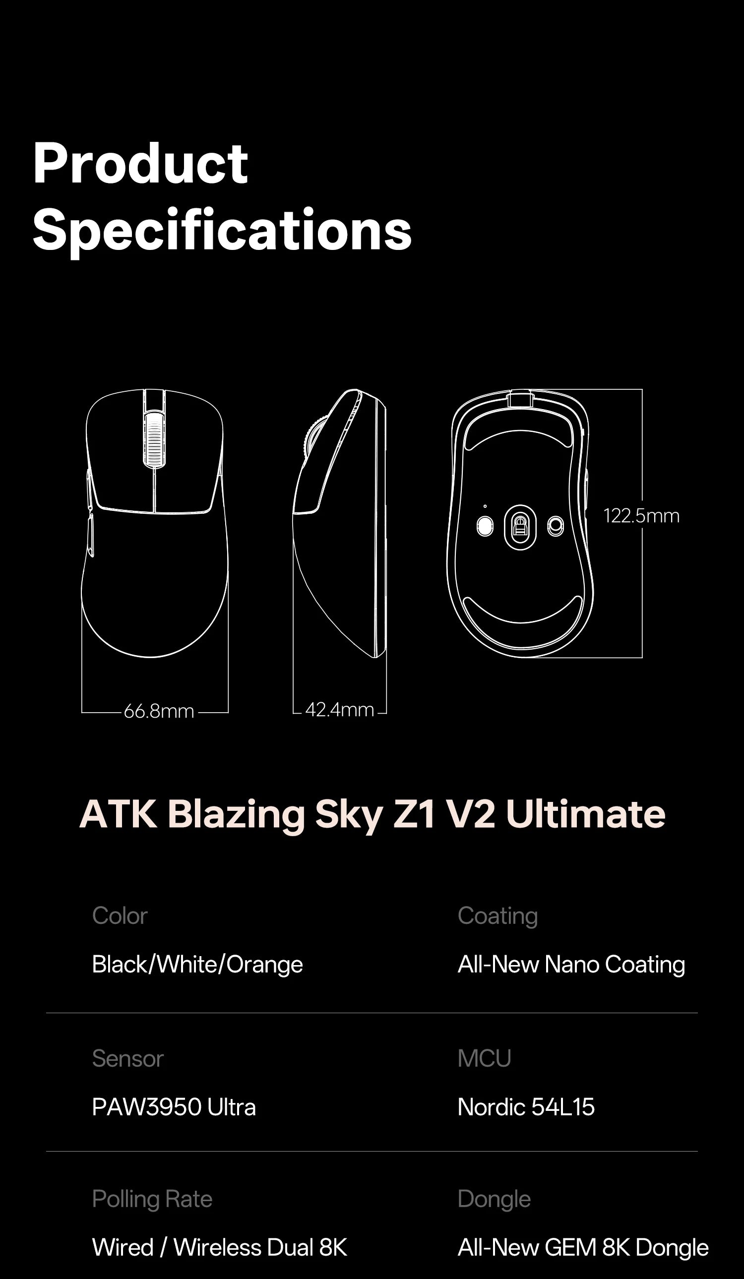 ATK Blazing Sky Z1 V2 Ultimate E-sports Lightweight Mouse Wireless Dual Mode PAW3950 Ultra 8K Right-handed engineering Mouse