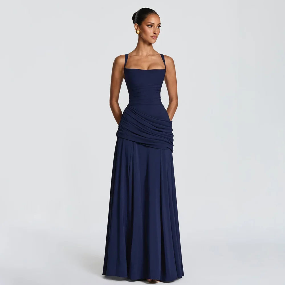 Elegant Solid Pleated Sling Dress Women Sexy Square Neck Sleeveless High Waist Slim Maxi Dresses 2026 Lady Party Evening Robe