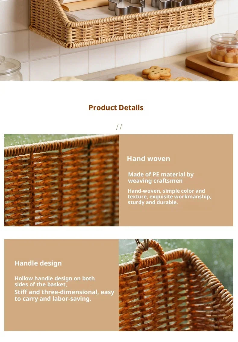 Woven Imitation Rattan Wall Mounted Storage Basket Slanted Shelf Organizer for Kitchen Living Room Bathroom Bedroom Balcony