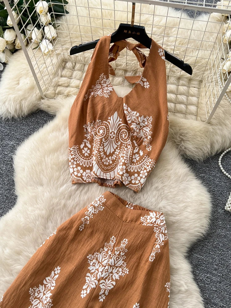 Women's Summer Two Pieces Bohemian Vacation Printed Halter Neck Sleeveless Top High Waist Wide Leg Pants Two-piece Set TP044