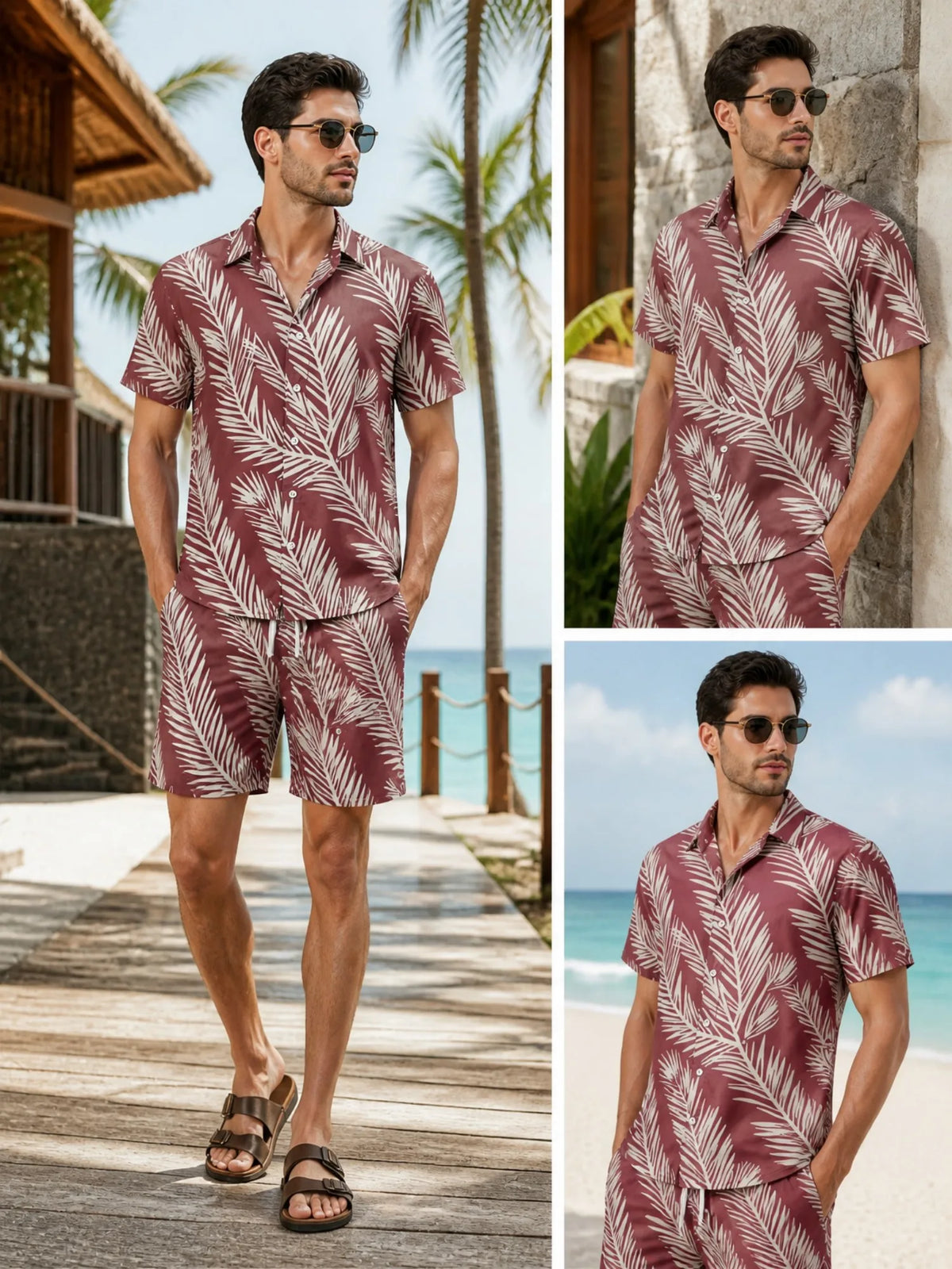 Mens Floral Short Sleeve Shirt and Drawstring Shorts Set Beach Vacation Relaxed Summer Two Piece Weekend Beach Outfit Travelwear