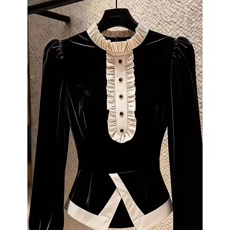 Autumn New High-Quality Fake Two Pieces of Black Stitching Velvet Shirt Women's  Fashion Long-sleeved Elegant Casual Lady Blouse