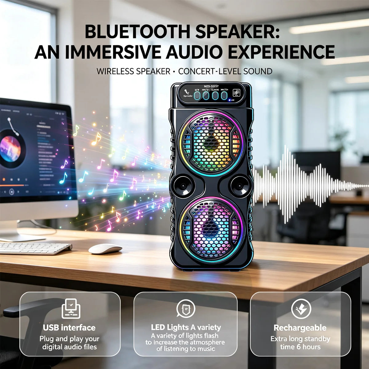 8800Hz Portable Bluetooth Speaker, Portable Heavy Bass Loud Speaker with RGB Colorful Lights & Microphone, Support USB TF