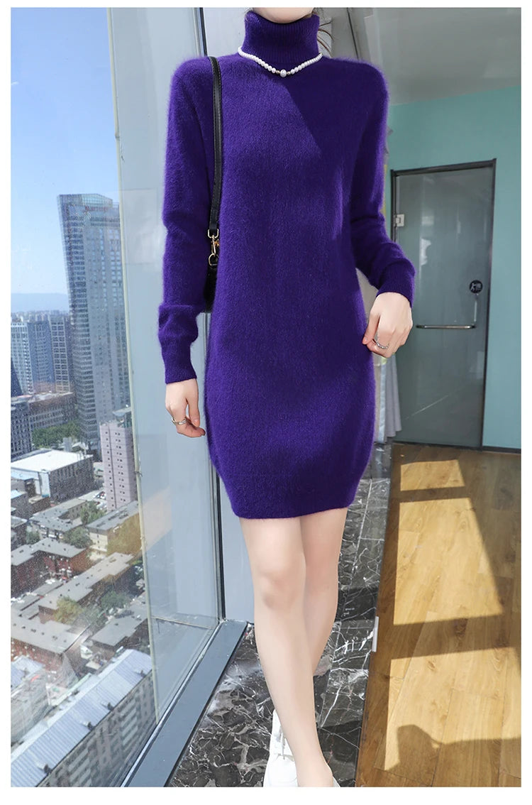 New Hot Selling 100% Mink Cashmere Knitted Women's High Neck Pullover Dress Sweater Slim Fit Solid Color Long Women's Dress