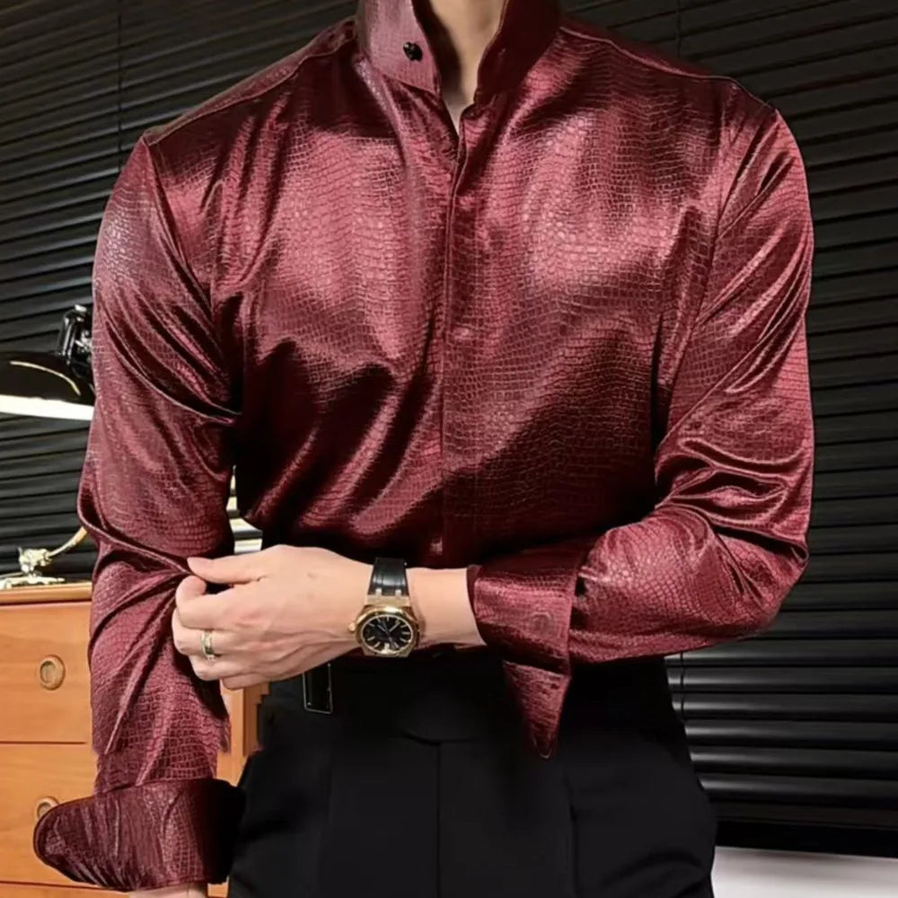 Stand Collar Men Shirt Office Long Sleeve Shirt Streetwear Leopard Print Shirt Social Business Shirt Men Camisa Social Masculina