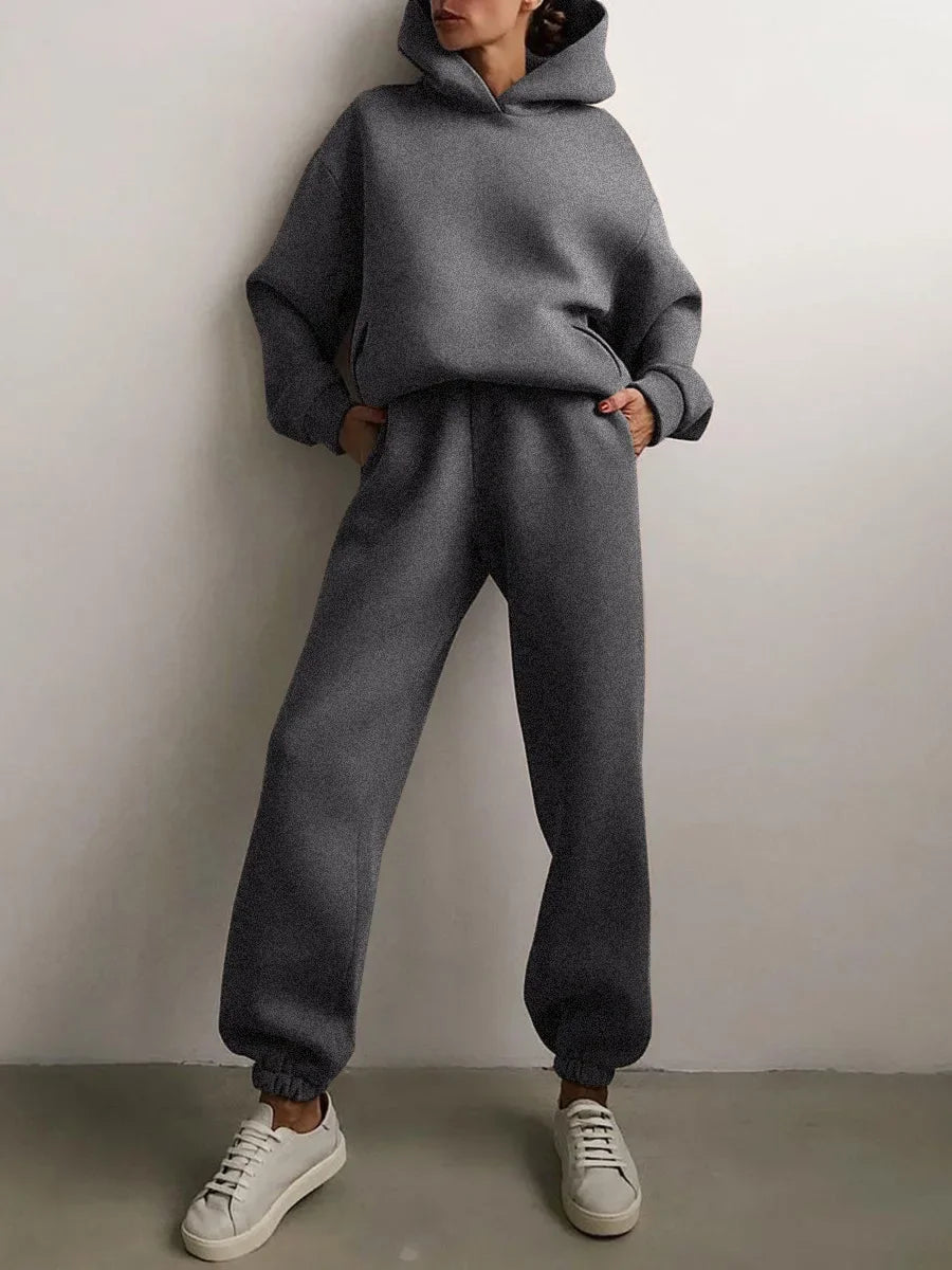 Two Piece Pant Sets Women Solid Thick Sweatshirts Hooded Full Sleeve Elastic Waist Spliced Long Pants Pockets Casual Suits