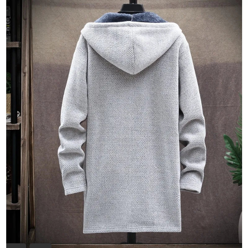 Mens Long Knit Cardigan Autumn Winter Sweater Coat Fleece Heavy Hooded Trench Coat Solid Chenille Men's Fashion Jacket
