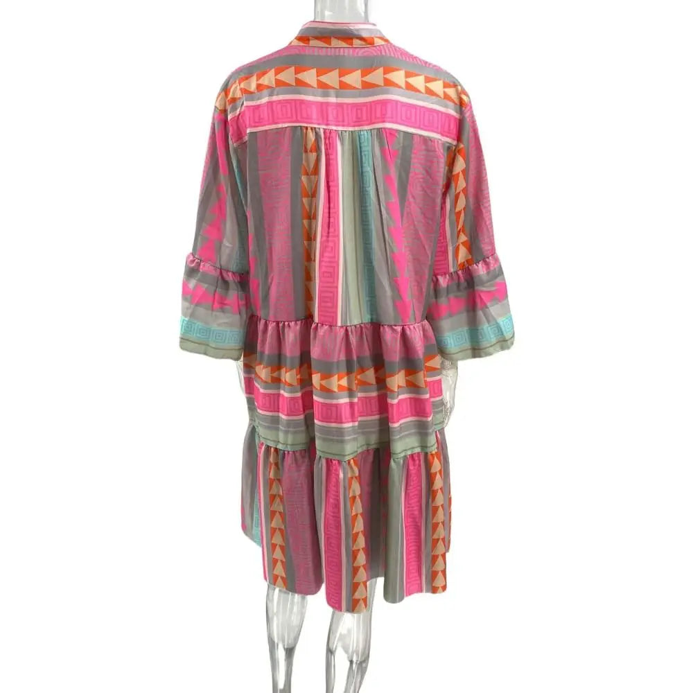 Knee Length Printed Dress Printed Design Breathable Three Quarter Sleeve Dress Loose Fit Comfortable V-Neck Dress Daily Dress