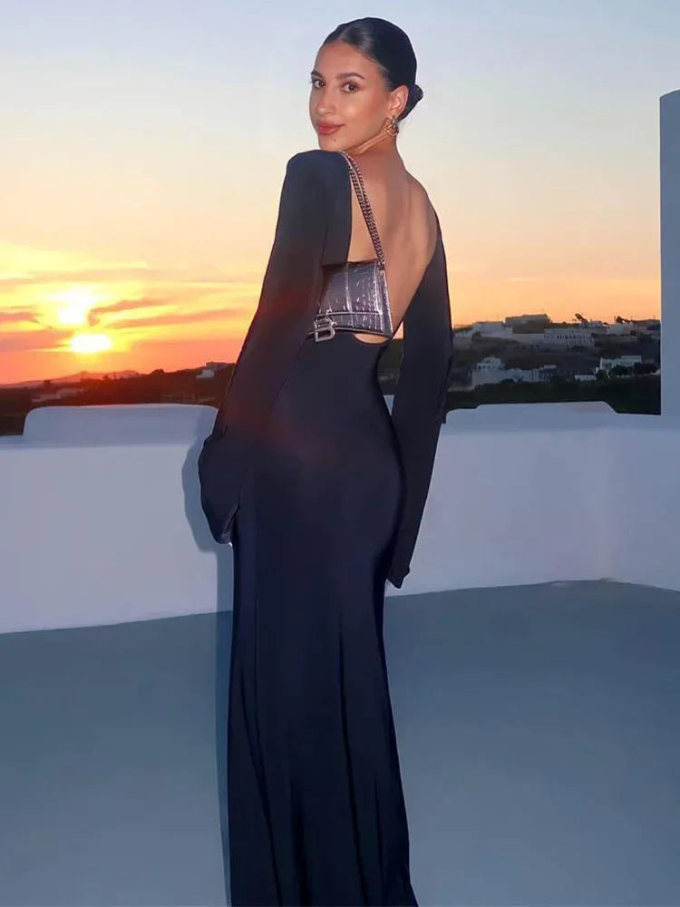 White Backless See-through Long Dress Women's Summer Slim High Waist Spliced Long Sleeve Solid Color Beach Long Dress