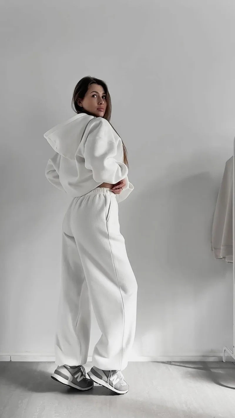 Women's Casual Suit Solid Color Long Sleeve Hooded Cardigan Pocket Sweater Elastic Pants Two-piece Set