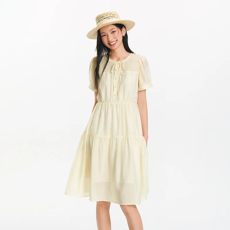 Semir Women Dress Puff Sleeve Lace Crew Neck Textured Midi French Elegant 2026 Summer Romantic Soft Comfy Daily Top