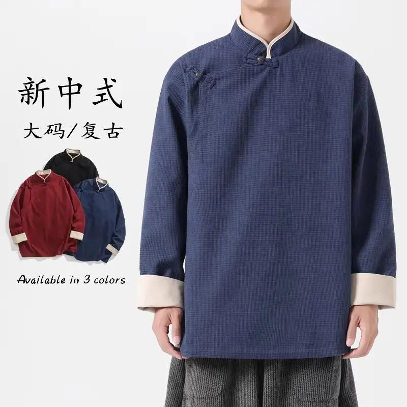 Autumn Winter Chinese Style Blouse Long-sleeved Jacket Men's Chinese Tang Suit Hanfu Lay Buddhist Zen Suit Tea Suit Slanted Top