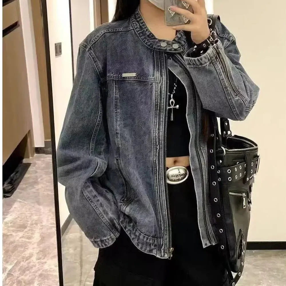 Men Denim Jacket Round Neck Zip Up Slim Fit Washed Vintage Casual Biker Jean Jacket Streetwear Outerwear 2026 New