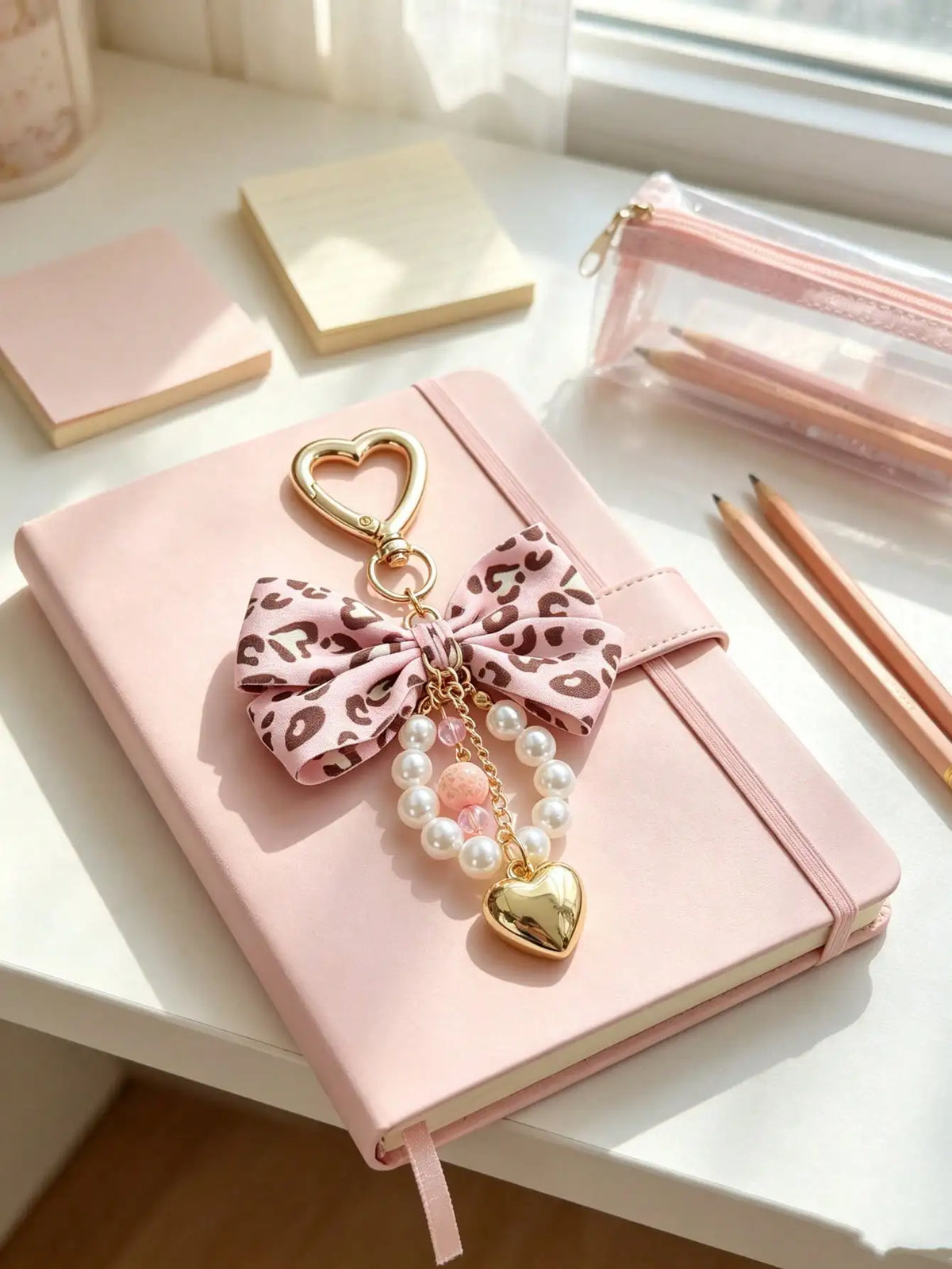 Leopard Print Bow Keychain Heart Pendant Women's Bag Simple Charm Pearl Keychain Beaded Charm Gift For Women