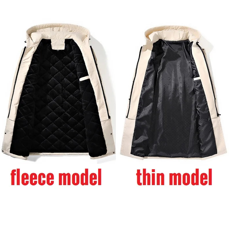 Big Size 9XL Men's Long Trench Coat Hood Fleece Thick Windbreaker Male Autumn Winter Lightweight Plus Large Oversize Hat Zipper