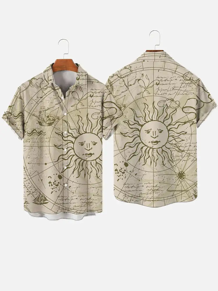 Men's Vintage Mermaid Print Shirts Boat Anchor Print Button Shirts Summer Ocean Element Shirts Men's Hawaiian Leisure Shirts