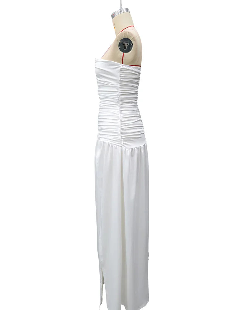 Rinabe Deep V Neck Strapless Maxi Dress Chic Solid Off-shoulder Backless Split Elegant Evening Dress Women Chic Slim Dresses