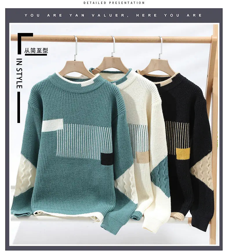 Mock Neck Knitted Sweater Men Women Autumn Winter Daily Casual Warm Knitting Pullovers Men's Fashion Patchwork Pullover Sweaters