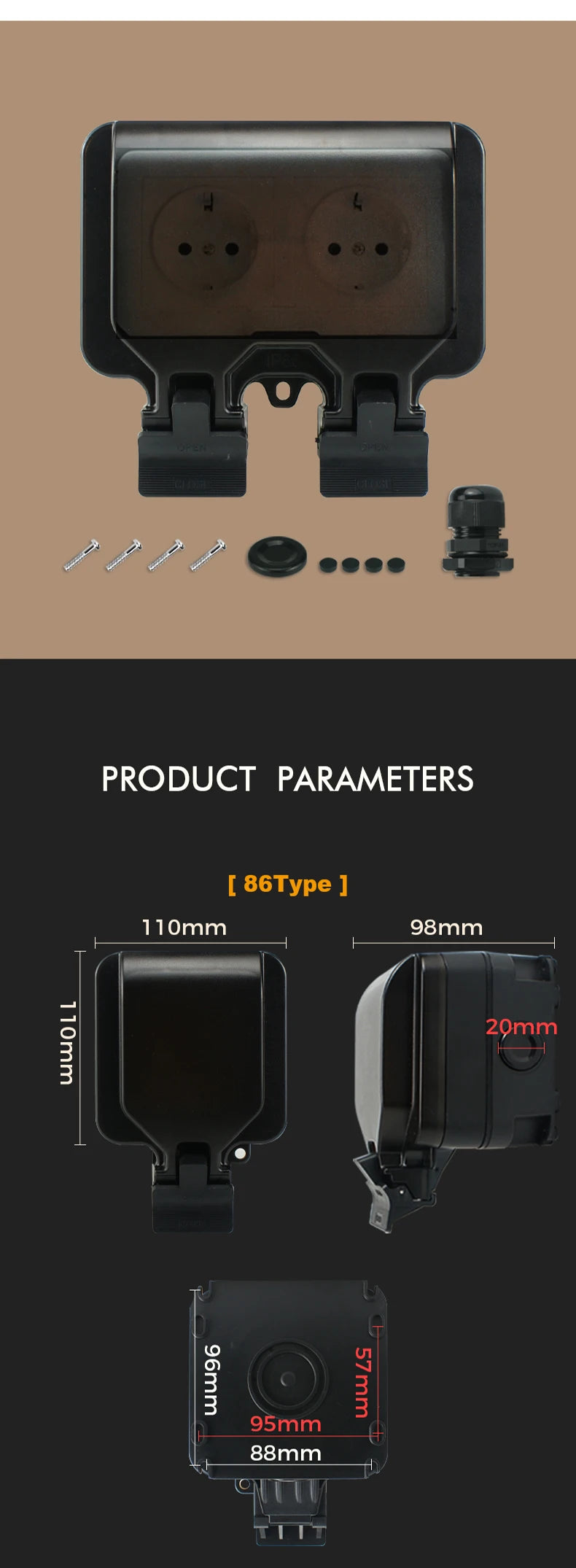 Avoir EU Standard Power Socket IP66 Weatherproof Black Box 16A Outdoor Electrical Outlet With Indicator Wall Dustproof Plug 220V