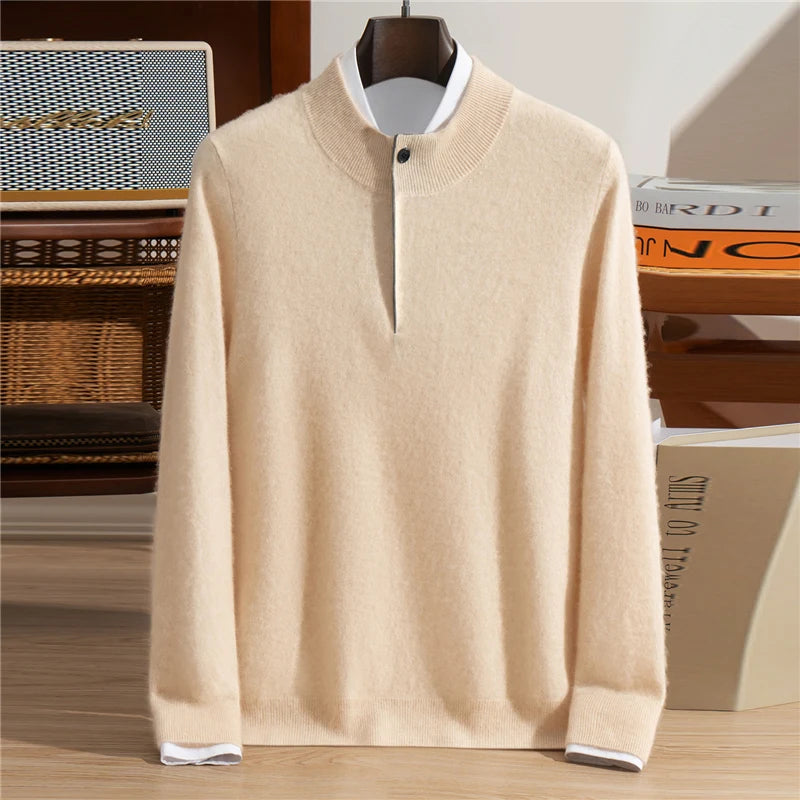 Autumn Winter New Men's Half High Collar Pullover 100% Cashmere Knitted Sweater Casual Business Solid Color Long Sleeve Clothing