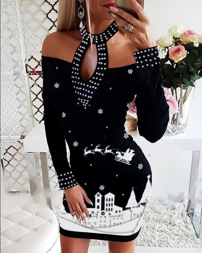 Christmas Women's Dresses 2024 Autumn Long Sleeve Fashion Snowflake Elk Print Casual O-Neck Daily Skinny Mini Dress