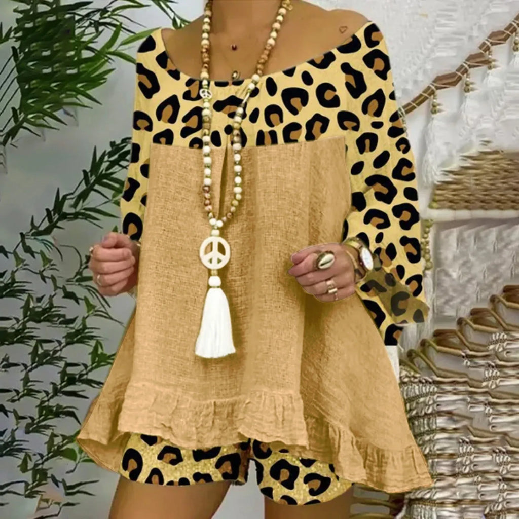 Women'S European And Fashion Leopard Print Stitching Loose Large Size Cotton And Linen Suit Ladies Board Shorts for Swimming