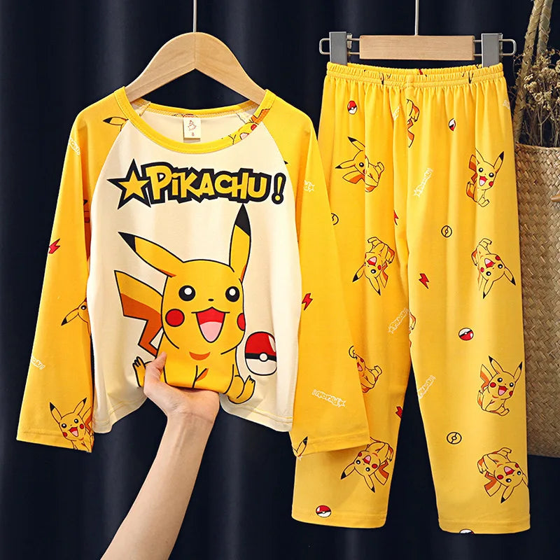 Children's Pyjamas Pikachu Set Kids Sleepers Boys Girls Cartoon Long Sleeve Sleepwear 3-14T Teenage Home Clothes Pajama Pijama