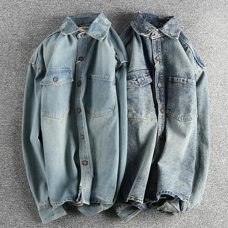 Heavy collar cashew flower embroidery design sense of British vintage denim shirt men's autumn trend coat with long sleeves