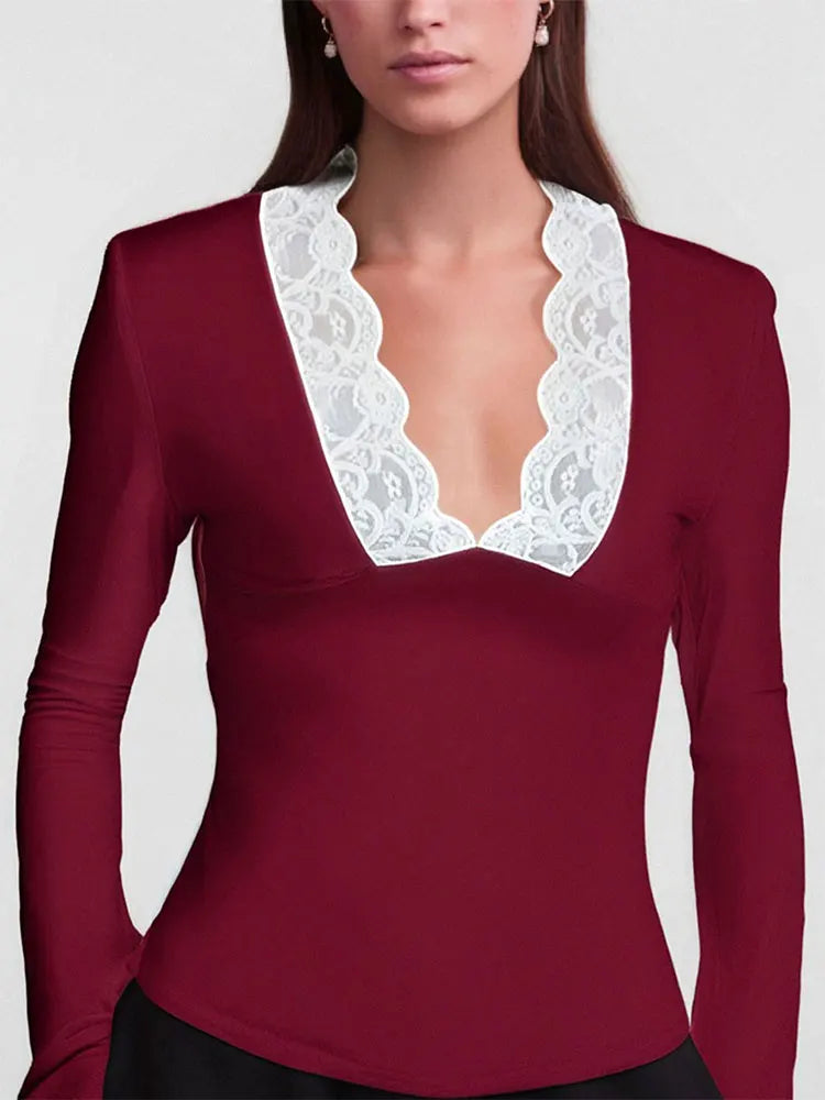 Solid Sexy V-Neck Women's T-shirt Spring New Streetwear Fashion Long Sleeves Tees Casual Slim Elegant Female's T-shirt Clothing